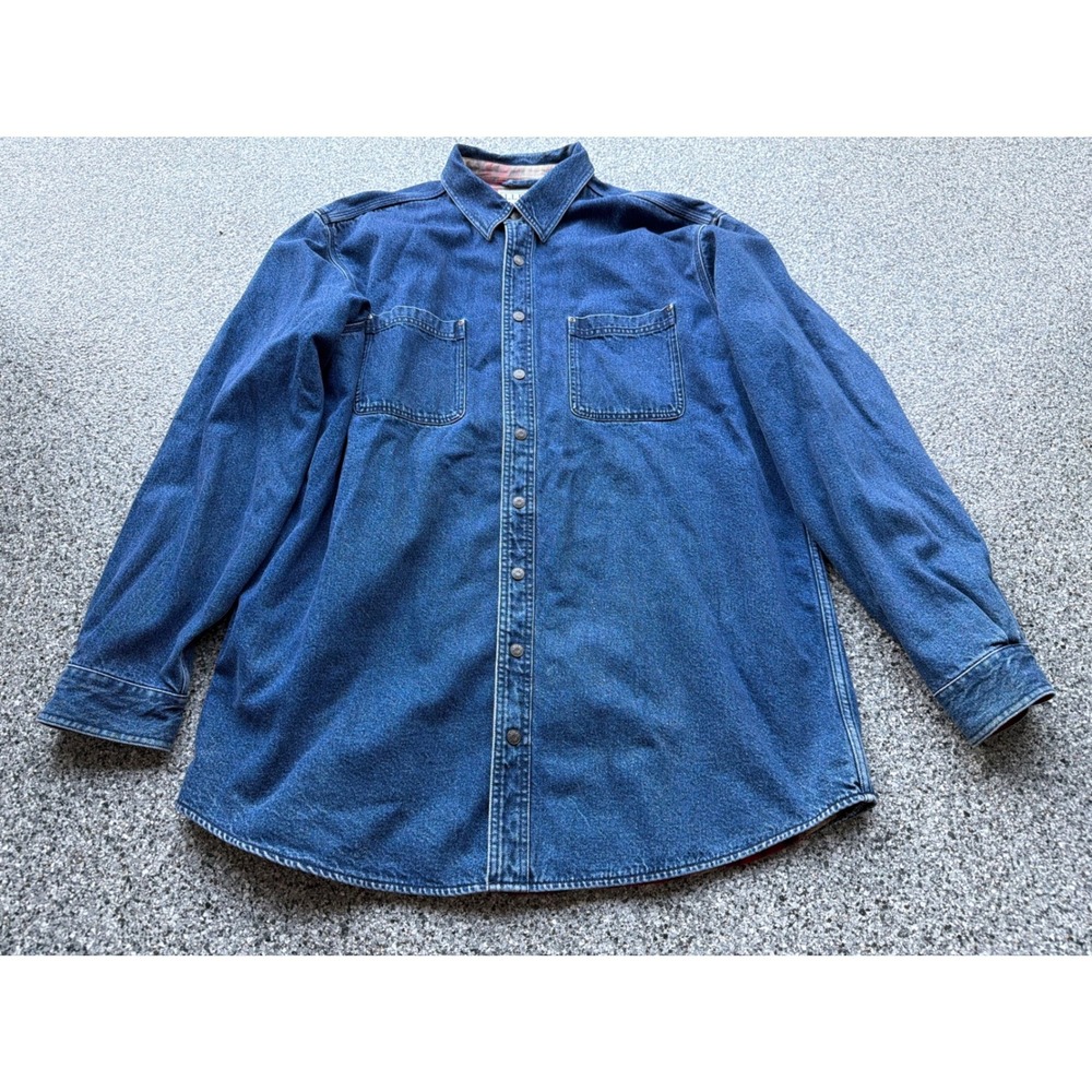 vintage LL‎ Bean XL Tall Flannel Lined Denim Shacket Blue Workwear Snap Button